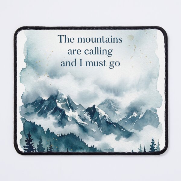 Item preview, The mountains are calling misty watercolor pine forest quote print designed and sold by icemanphotos.