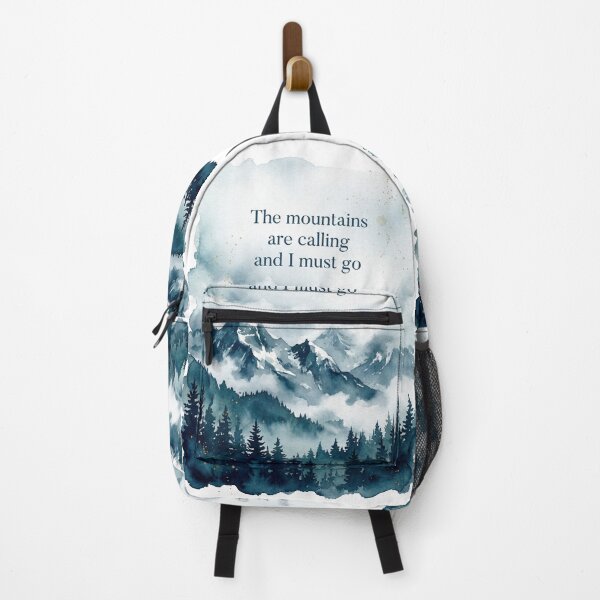 Item preview, The mountains are calling misty watercolor pine forest quote print designed and sold by icemanphotos.