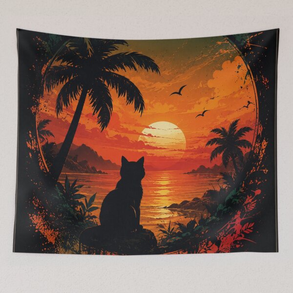 Item preview, Tropical Sunset Cat Poster – Aesthetic Palm Tree Coastal Wall Art Print designed and sold by IconicDesignsXd.