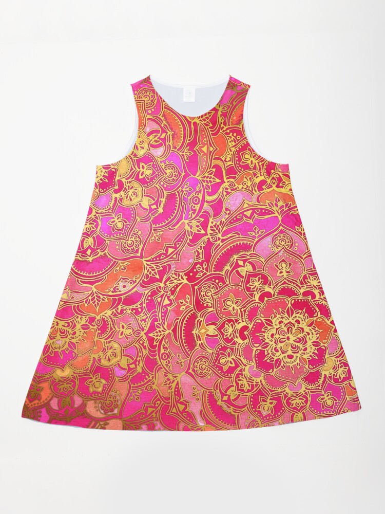 Hot Pink And Gold Baroque Floral Pattern Rose A-Line Dress