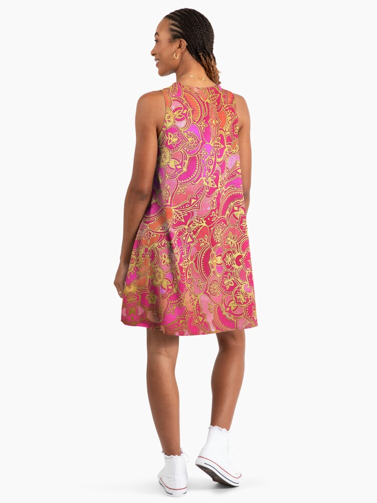 Hot Pink And Gold Baroque Floral Pattern Rose A-Line Dress