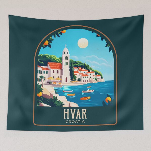 Item preview, Hvar Vintage Travel Illustration designed and sold by HomeLivingCo.