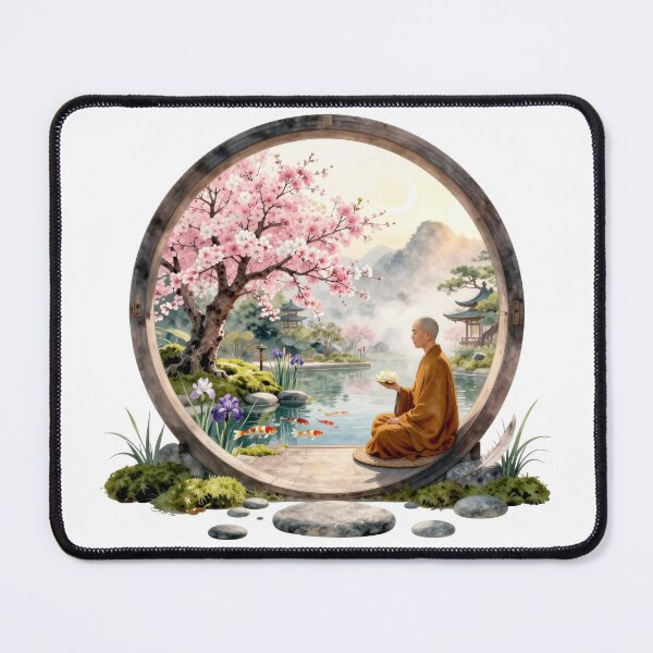 Item preview, The Moon Gate Sanctuary - Japanese Zen Garden & Meditating Monk designed and sold by OnikaD art.