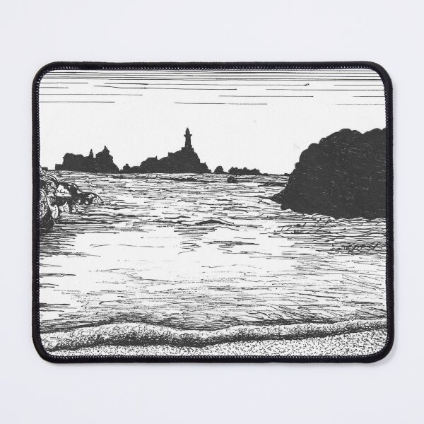 Item preview, Corbiere Lighthouse Jersey black and white drawing designed and sold by Tiger's Eye Books.