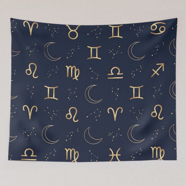 Item preview, Golden Zodiac Symbols Celestial Midnight Pattern designed and sold by LyoniHERA.