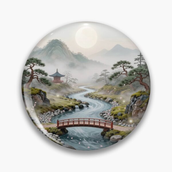 Item preview, Zen River Journey - Misty Mountains & Red Footbridge Art designed and sold by OnikaD art.