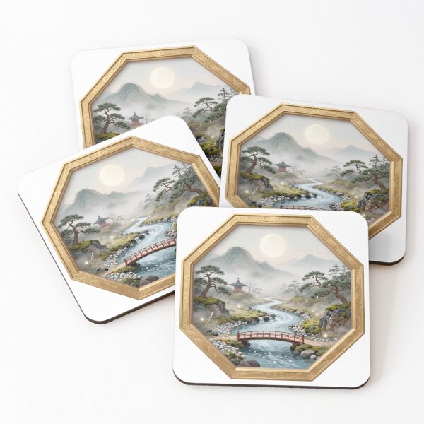 Item preview, Zen River Journey - Misty Mountains & Red Footbridge Art designed and sold by OnikaD art.