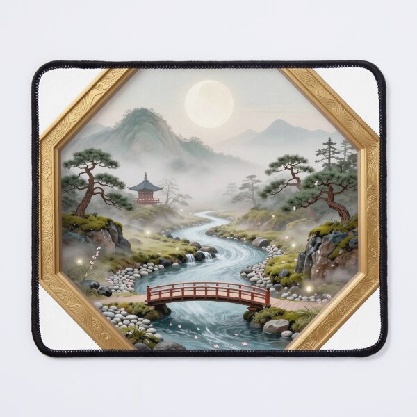 Item preview, Zen River Journey - Misty Mountains & Red Footbridge Art designed and sold by OnikaD art.
