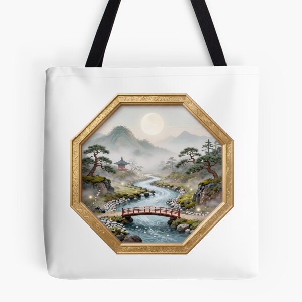 Item preview, Zen River Journey - Misty Mountains & Red Footbridge Art designed and sold by OnikaD art.