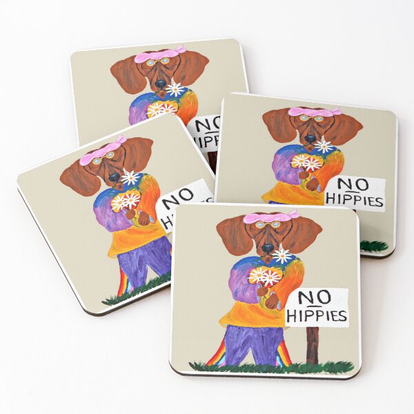 Item preview, Dachshund Hippie Flower Child with No Hippies Sign designed and sold by Squirreldumplings.