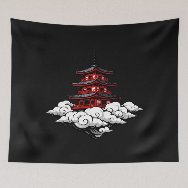 Item preview, Japanese Pagoda Temple Floating Clouds Art designed and sold by Tsugraf Designs.