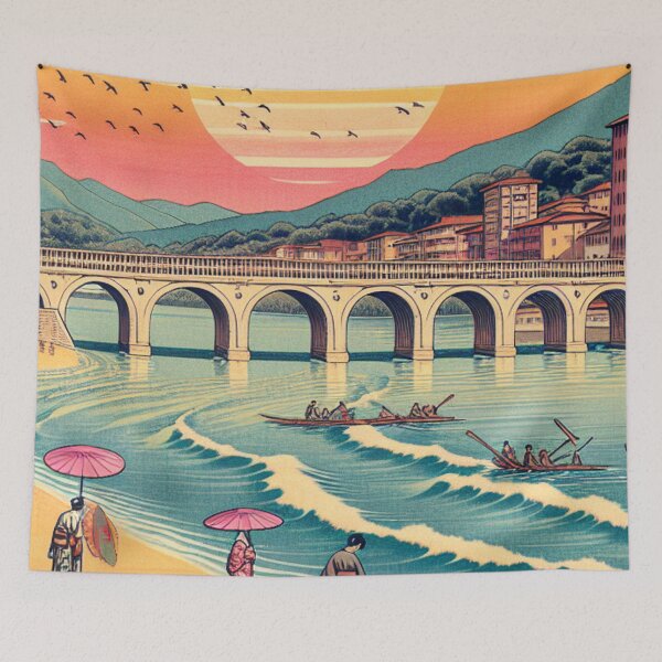 Item preview, Rimini Italy Ukiyo-e Travel Poster | Tiberius Bridge Japanese Woodblock Art | Italian Riviera Retro Aesthetic designed and sold by Vandy Fullam.