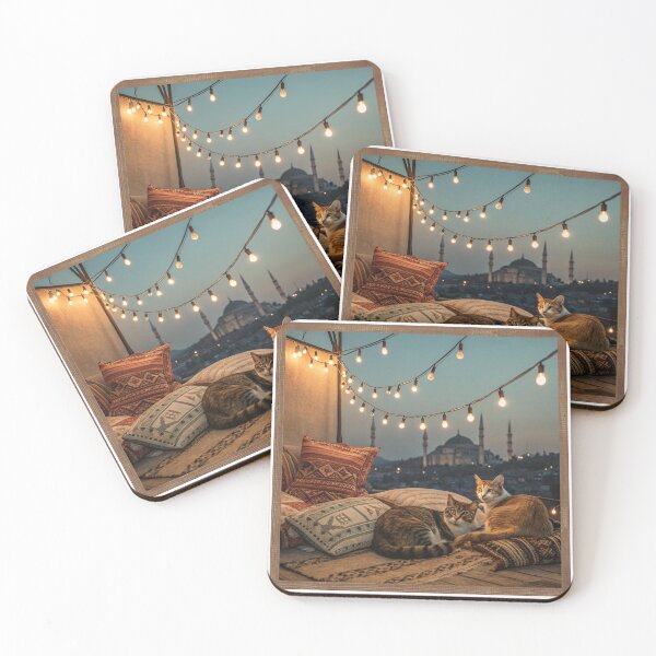 Item preview, Cozy Istanbul Night: Cats on a Terrace with Mosque View designed and sold by asliberry.