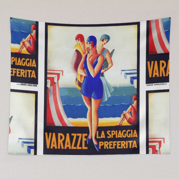Item preview, Vintage Varazze Travel Poster | Art Deco Beach Scene | 1920s-30s Italy | Glamorous Style & Vibrant Colors designed and sold by artofuniverse.