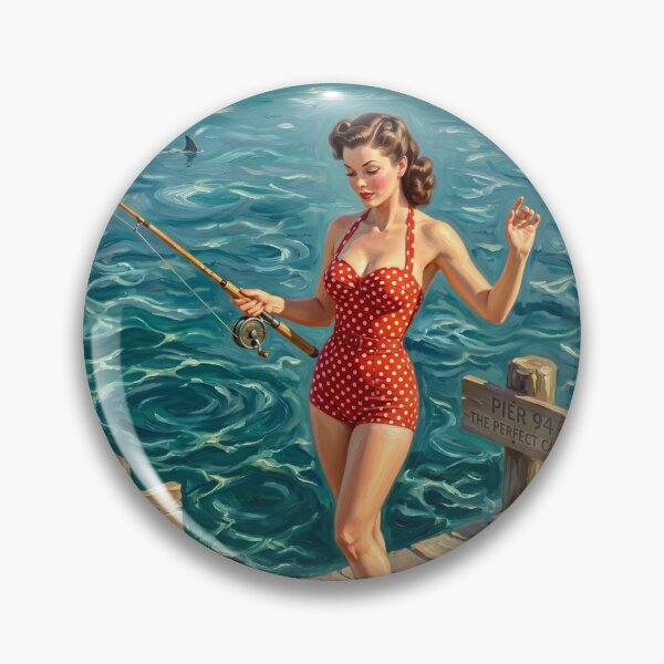 Item preview, Vintage Pin Up Fishing Girl Painting designed and sold by Modern3Art.