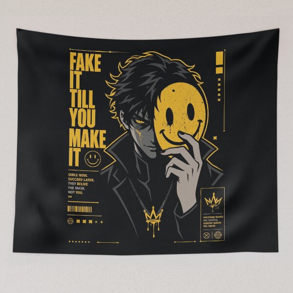 Item preview, Fake It Till You Make It Dark Smiley Mask Anime Streetwear designed and sold by CamaleonDesigns.