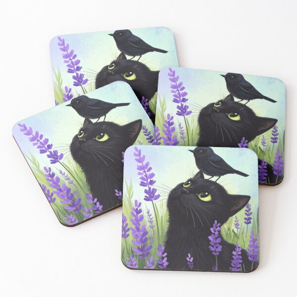 Item preview, Whimsical Black Cat & Little Bird in Lavender Field designed and sold by Best-Arch900.
