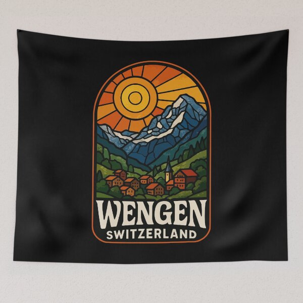 Item preview, Wengen Switzerland Alps Stained Glass Art Travel designed and sold by TomFrontierArt.