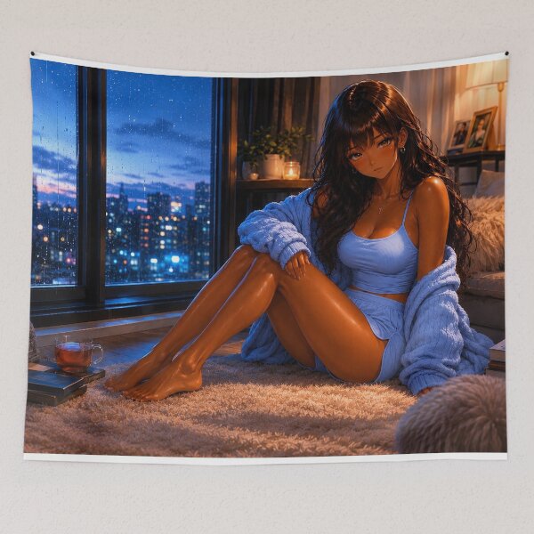 Item preview, Cozy Blue Hour Anime Girl | Rainy City Window Lo-Fi Room Aesthetic designed and sold by Sunset Deck Studio.