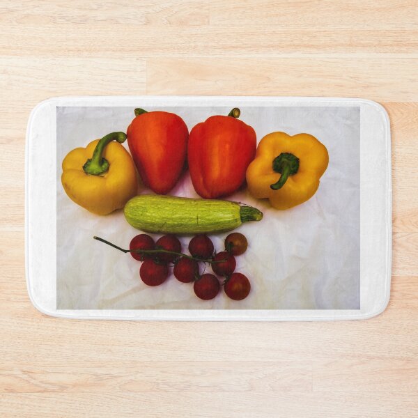 Item preview, Fresh Bell Peppers, Cherry Tomatoes And Zucchini Arranged On White Background For Healthy Cooking designed and sold by Nmallia.