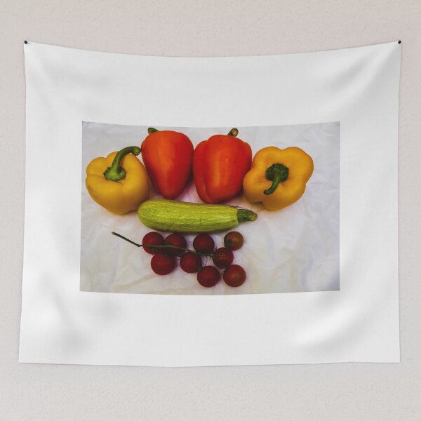 Item preview, Fresh Bell Peppers, Cherry Tomatoes And Zucchini Arranged On White Background For Healthy Cooking designed and sold by Nmallia.