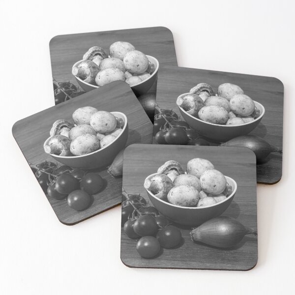Item preview, Fresh Mushrooms and Cherry Tomatoes with Onion in a Bowl on Wooden Table, Rustic Still Life designed and sold by Nmallia.