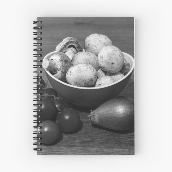 Item preview, Fresh Mushrooms and Cherry Tomatoes with Onion in a Bowl on Wooden Table, Rustic Still Life designed and sold by Nmallia.