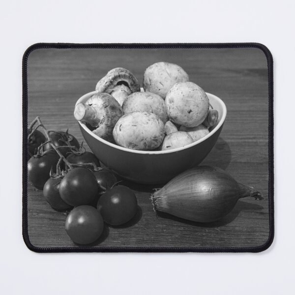 Item preview, Fresh Mushrooms and Cherry Tomatoes with Onion in a Bowl on Wooden Table, Rustic Still Life designed and sold by Nmallia.