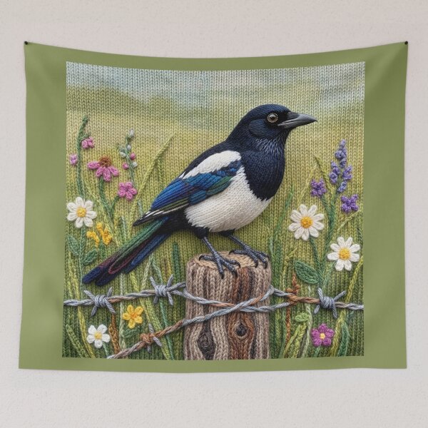 Item preview, Yarn Magpie Perches on Yarn Fence Post designed and sold by Tridentulus.