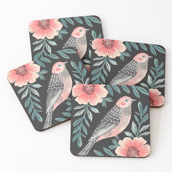 Item preview, Dark Botanical Bird with Coral Flowers | Folk Inspired Bird Art designed and sold by Filora Atelier .