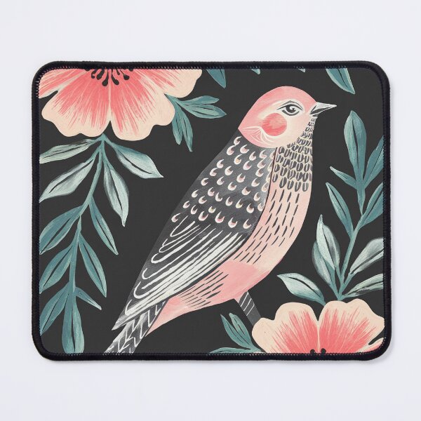 Item preview, Dark Botanical Bird with Coral Flowers | Folk Inspired Bird Art designed and sold by Filora Atelier | Bird Art.