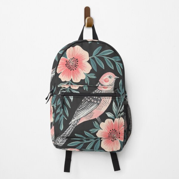 Item preview, Dark Botanical Bird with Coral Flowers | Folk Inspired Bird Art designed and sold by Filora Atelier | Bird Art.