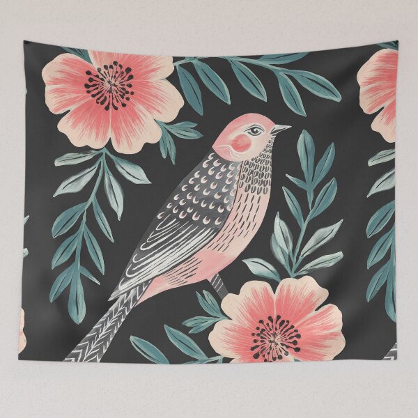 Item preview, Dark Botanical Bird with Coral Flowers | Folk Inspired Bird Art designed and sold by Filora Atelier | Bird Art.