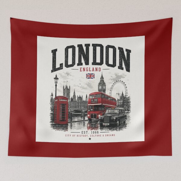 Item preview, London Vintage Skyline Red Bus & Taxi | England Retro Travel Streetwear Design designed and sold by Kate1art.