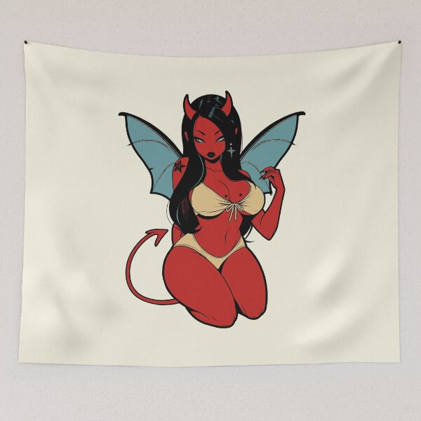 Item preview, Halloween Devil Girl Pinup cartoon demon girl designed and sold by blackdogshop.