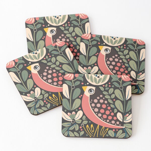 Item preview, Coral Folk Bird with Floral Arch | Scandinavian Botanical Bird Art designed and sold by Filora Atelier | Bird Art.