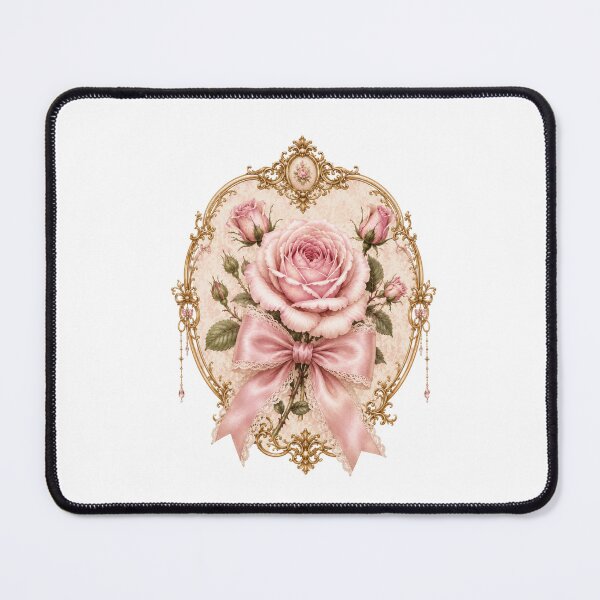 Item preview, Coquette Pink Rose with Satin Bow | Vintage Gold Botanical Floral Art designed and sold by Joyfulfabric.