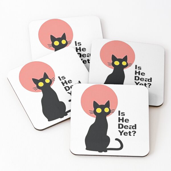 Item preview, Black cat Is He Dead Yet? with red sun background designed and sold by Prints by Mat.