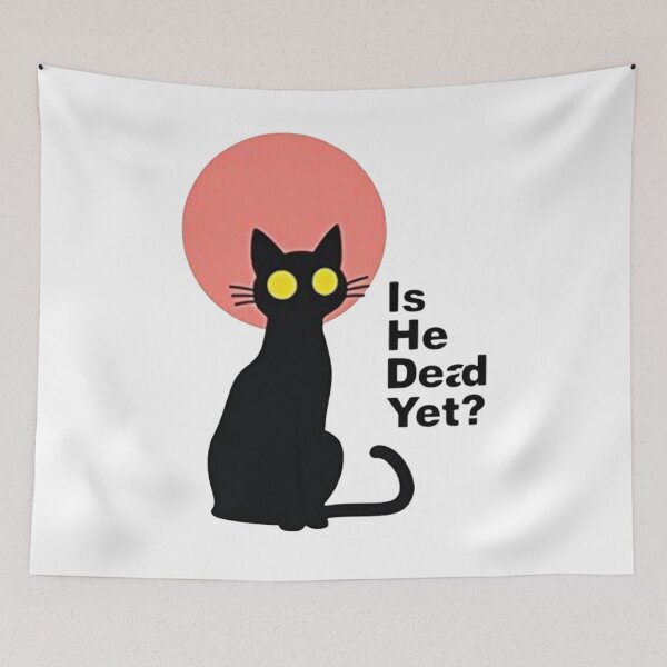 Item preview, Black cat Is He Dead Yet? with red sun background designed and sold by Prints by Mat.