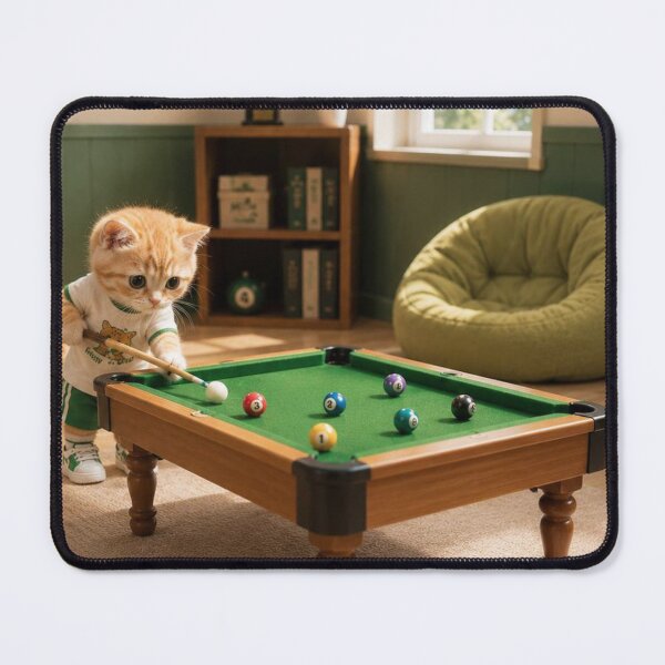 Item preview, Cute Kitten Playing Billiards in Cozy Room Art designed and sold by dreamybyana.