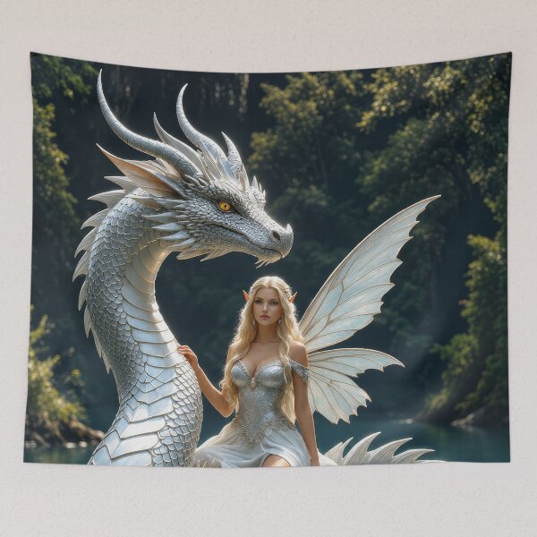 Item preview, Fairy Queen Riding White Dragon | Enchanted Fantasy Art designed and sold by DrakariArt.