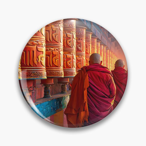 Item preview, Monks Walking by Colorful Prayer Wheels at Sunset designed and sold by Artessie.