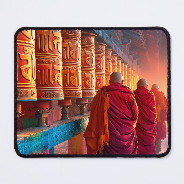 Item preview, Monks Walking by Colorful Prayer Wheels at Sunset designed and sold by Artessie.