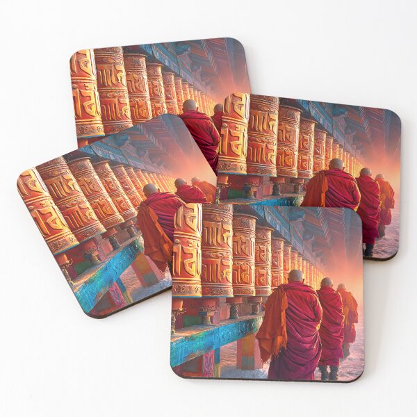 Item preview, Monks Walking by Colorful Prayer Wheels at Sunset designed and sold by Artessie.