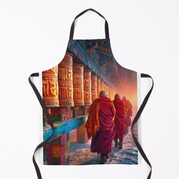 Item preview, Monks Walking by Colorful Prayer Wheels at Sunset designed and sold by Artessie.