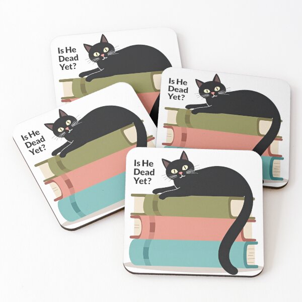 Item preview, Black cat on a pile of books with is he dead yet question designed and sold by Prints by Mat.