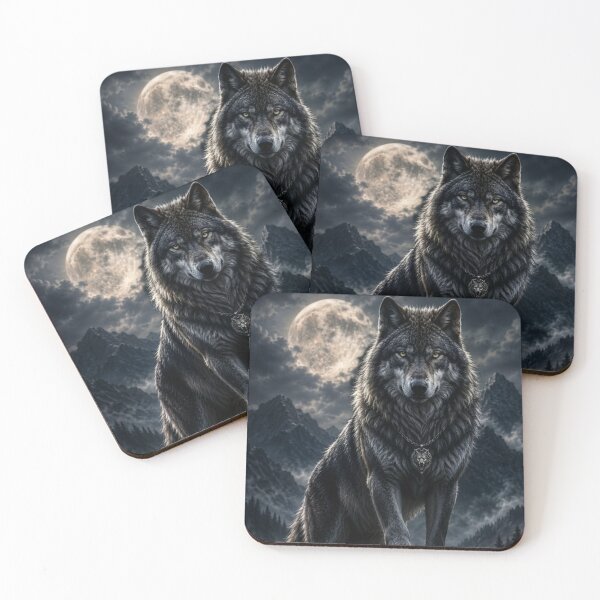 Item preview, Mystical Wolf Under Full Moon Night - Dark Mountain Landscape designed and sold by RoyalDeluxGo.