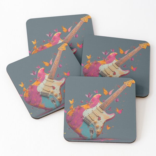 Item preview, Guitar Butterfly Stardust Art — Bold Neon Surreal Print designed and sold by CosmicRockArt.