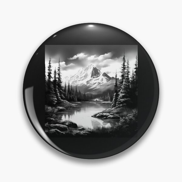 Item preview, Black and White Mountain Lake Landscape – Peaceful Alpine Forest Art designed and sold by inkoutninja.