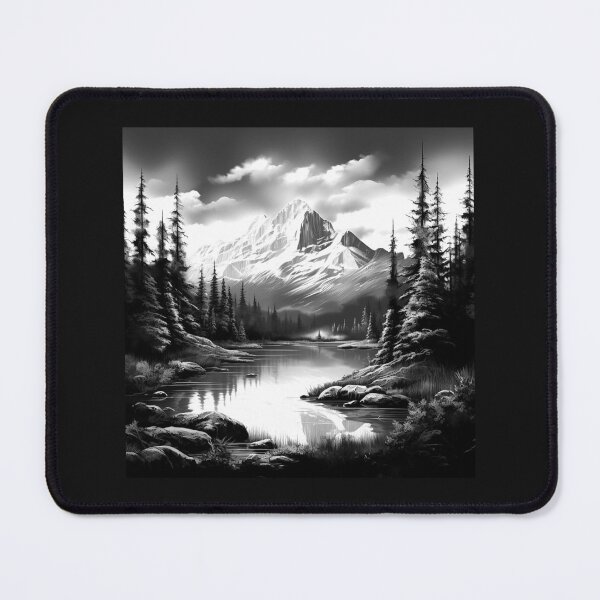 Item preview, Black and White Mountain Lake Landscape – Peaceful Alpine Forest Art designed and sold by inkoutninja.